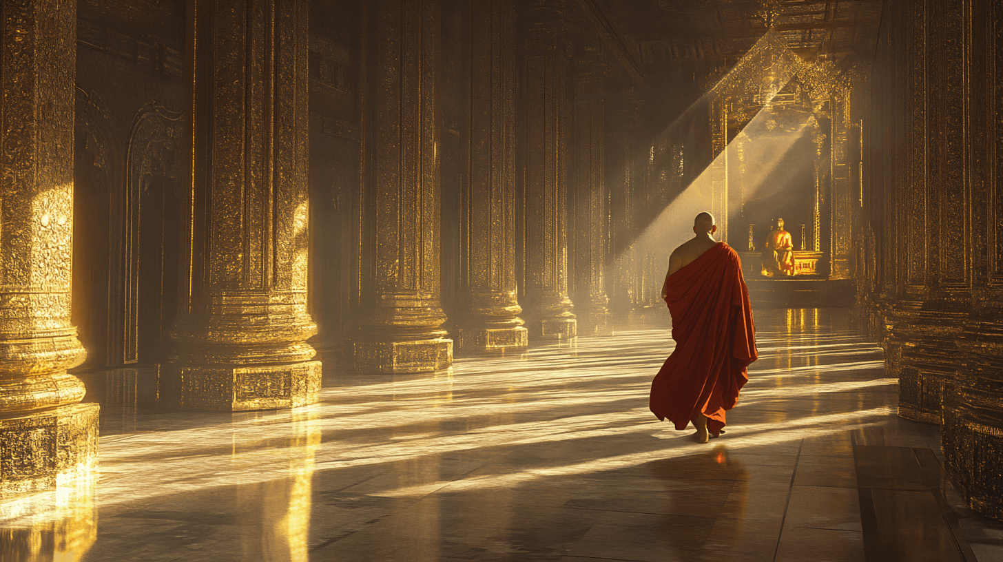 AI generated: An ancient monk walks through the golden palace, with sunlight shining on him and his red robe. The ...
