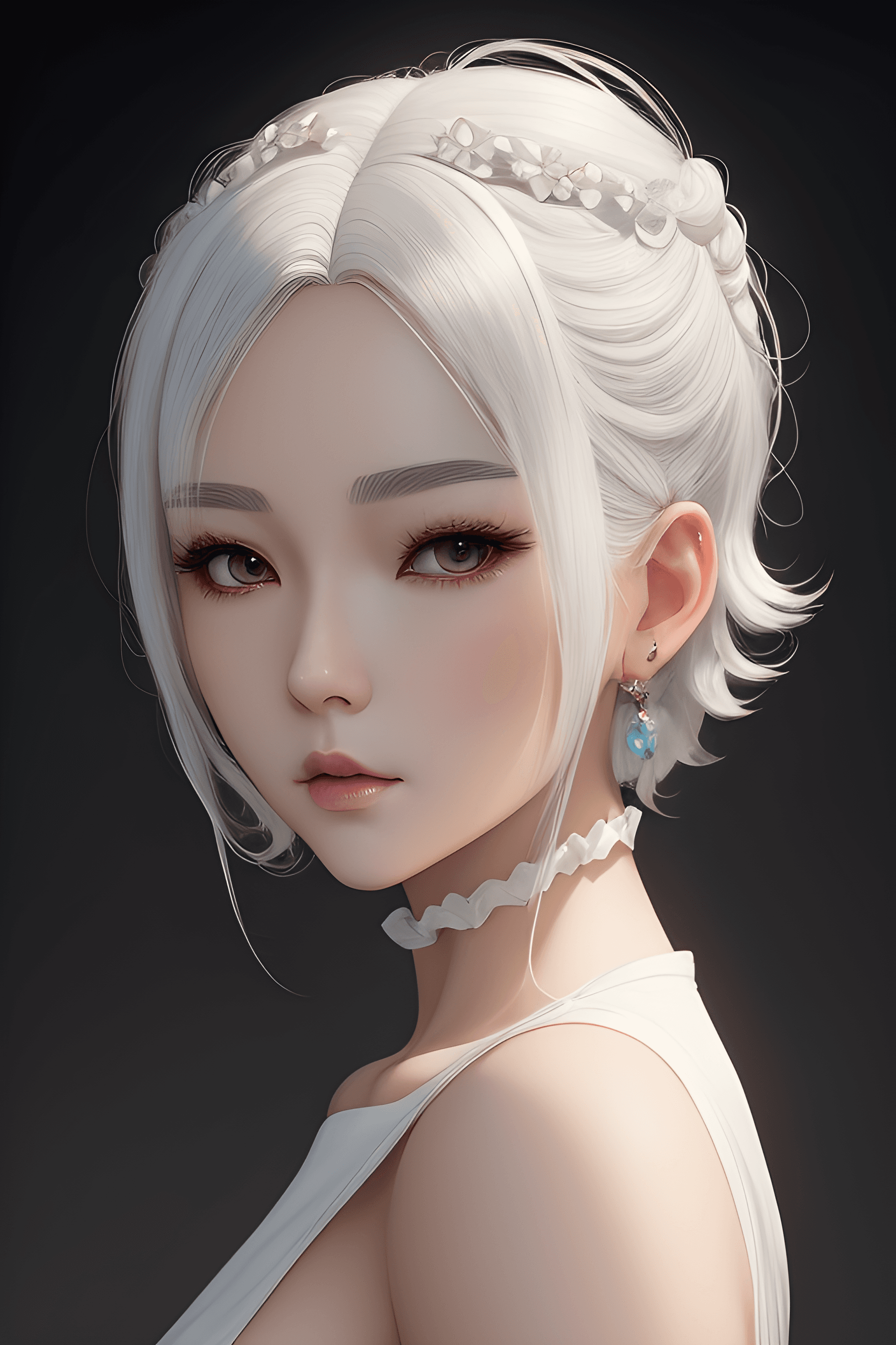 AI generated: a woman with white hair is posing for a picture, realistic anime art style, porcelain looking skin, ...