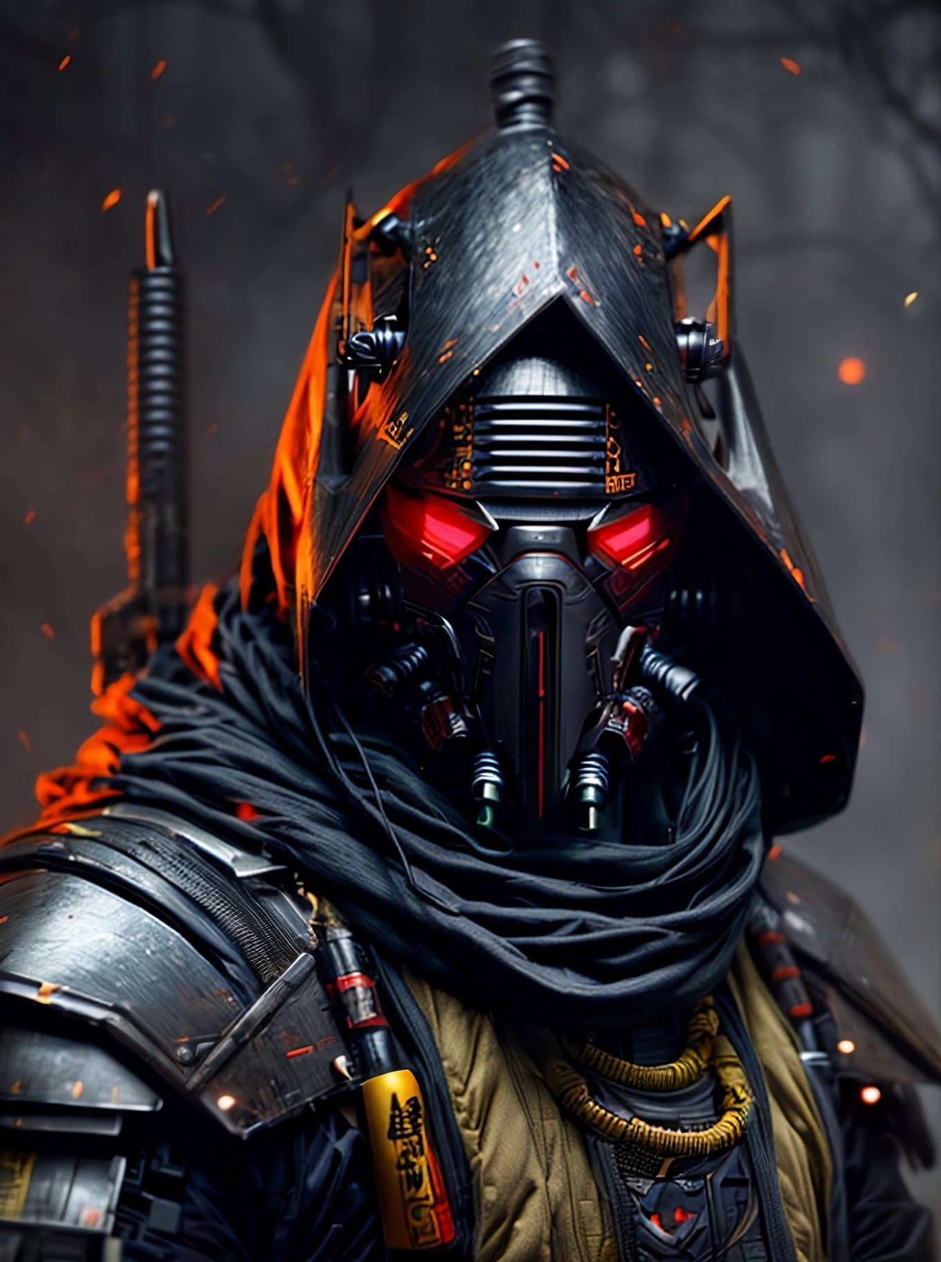 AI generated: a portrait of robot ninja samurai, cyberpunk