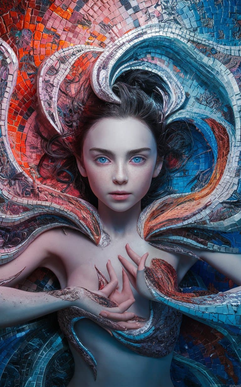 AI generated: the girl has blue eyes, and a lot of mosaic tiles, detailed, intricate, full color, beautiful, cinem...