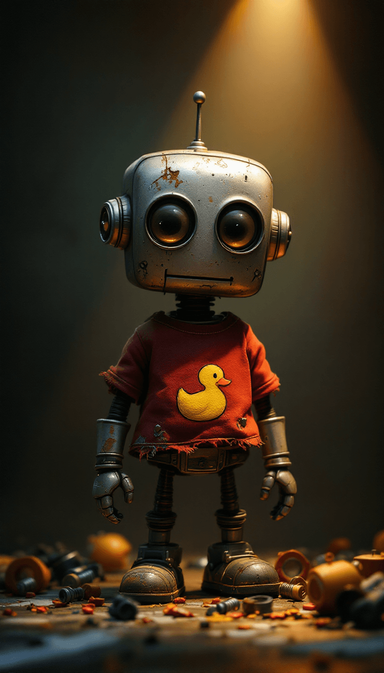 AI generated: A whimsical 3D cartoon-style robot character stands alone at the center of a dark, textured backgrou...