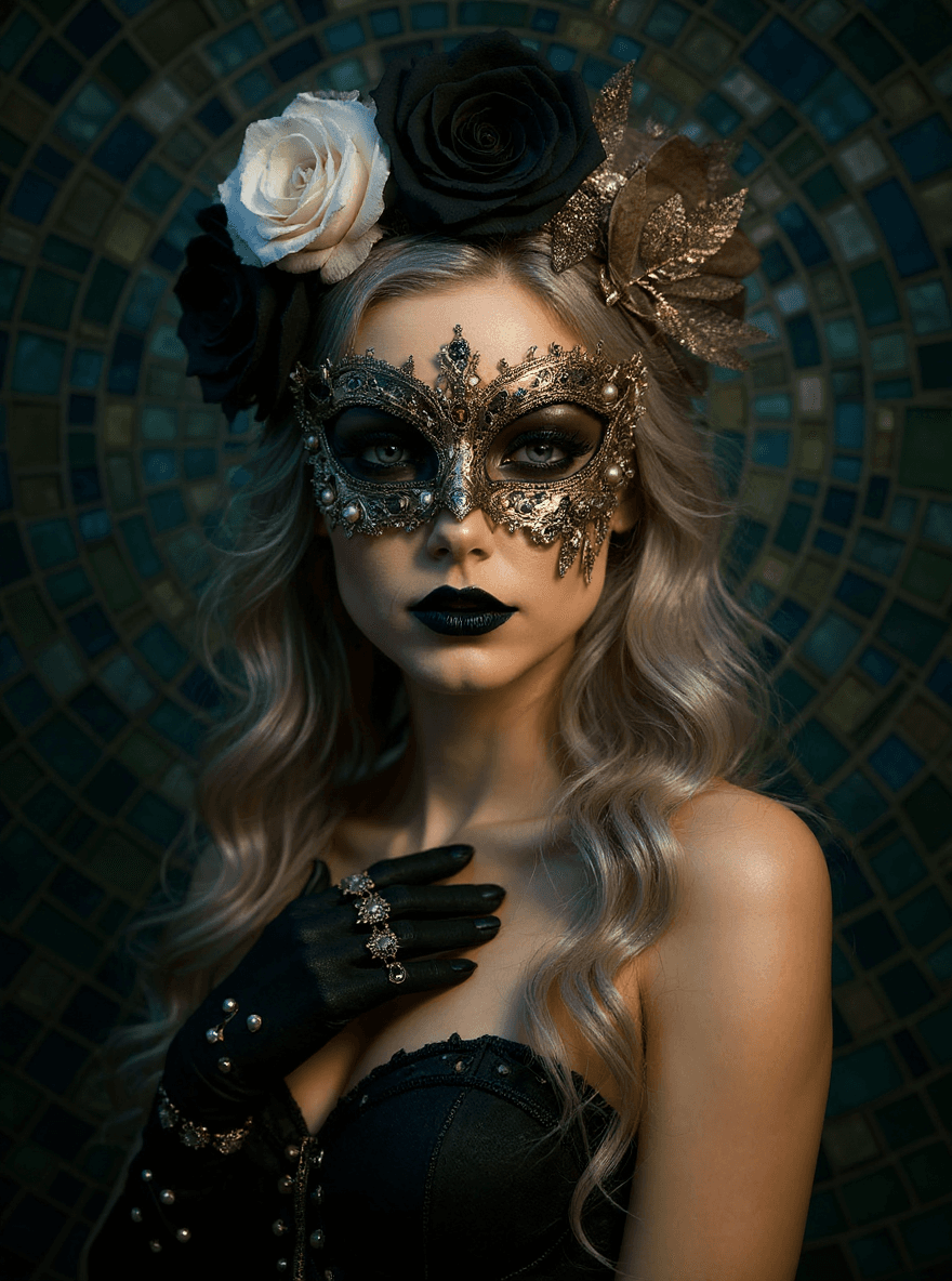 AI generated: "Luxurious and intricate masquerade portrait of an elegant woman adorned with a lavishly detailed ma...