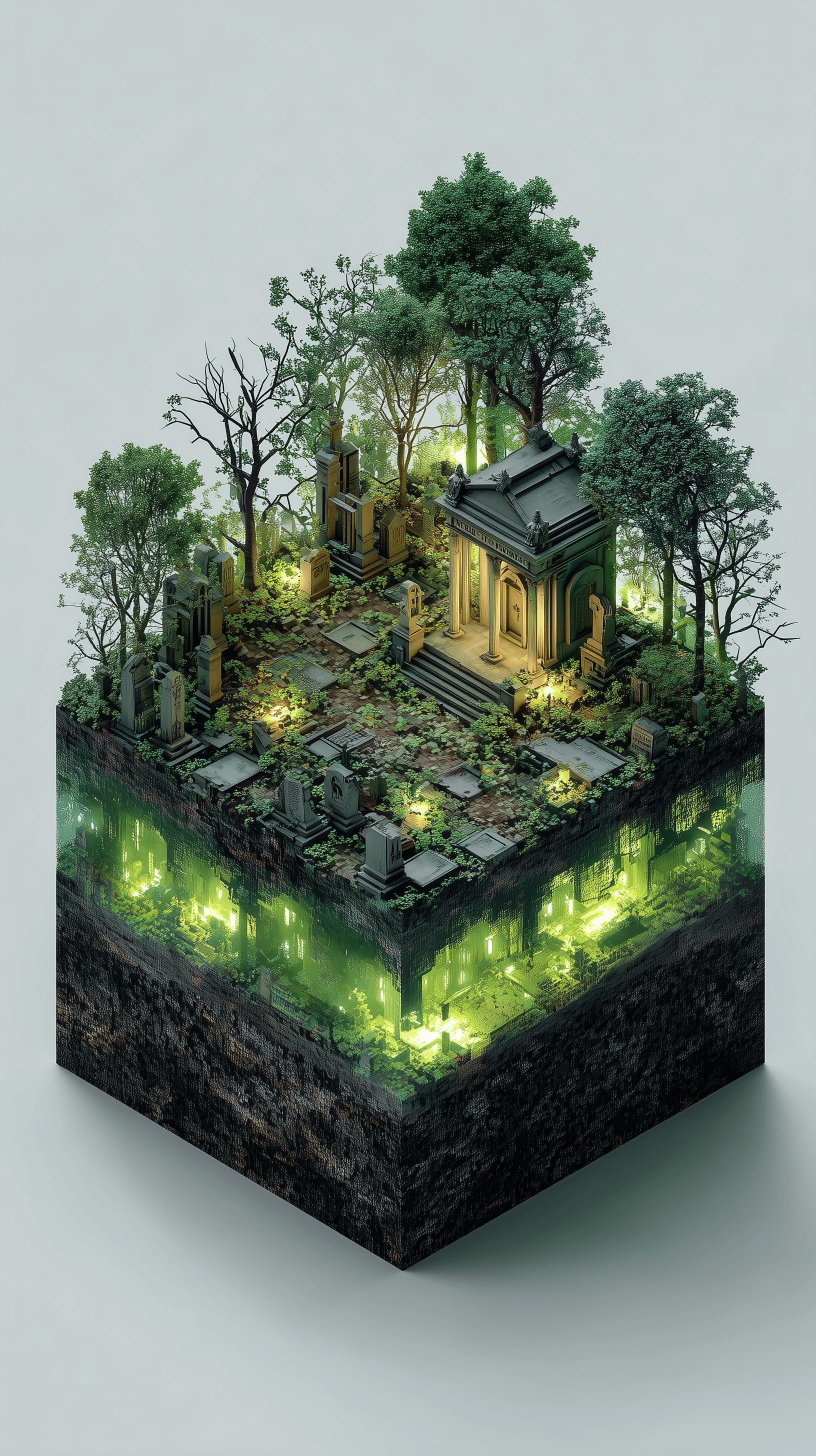 AI generated: isometric voxel art diorama, abandoned spooky graveyard, 3d pixel block rendering technique, rigid g...