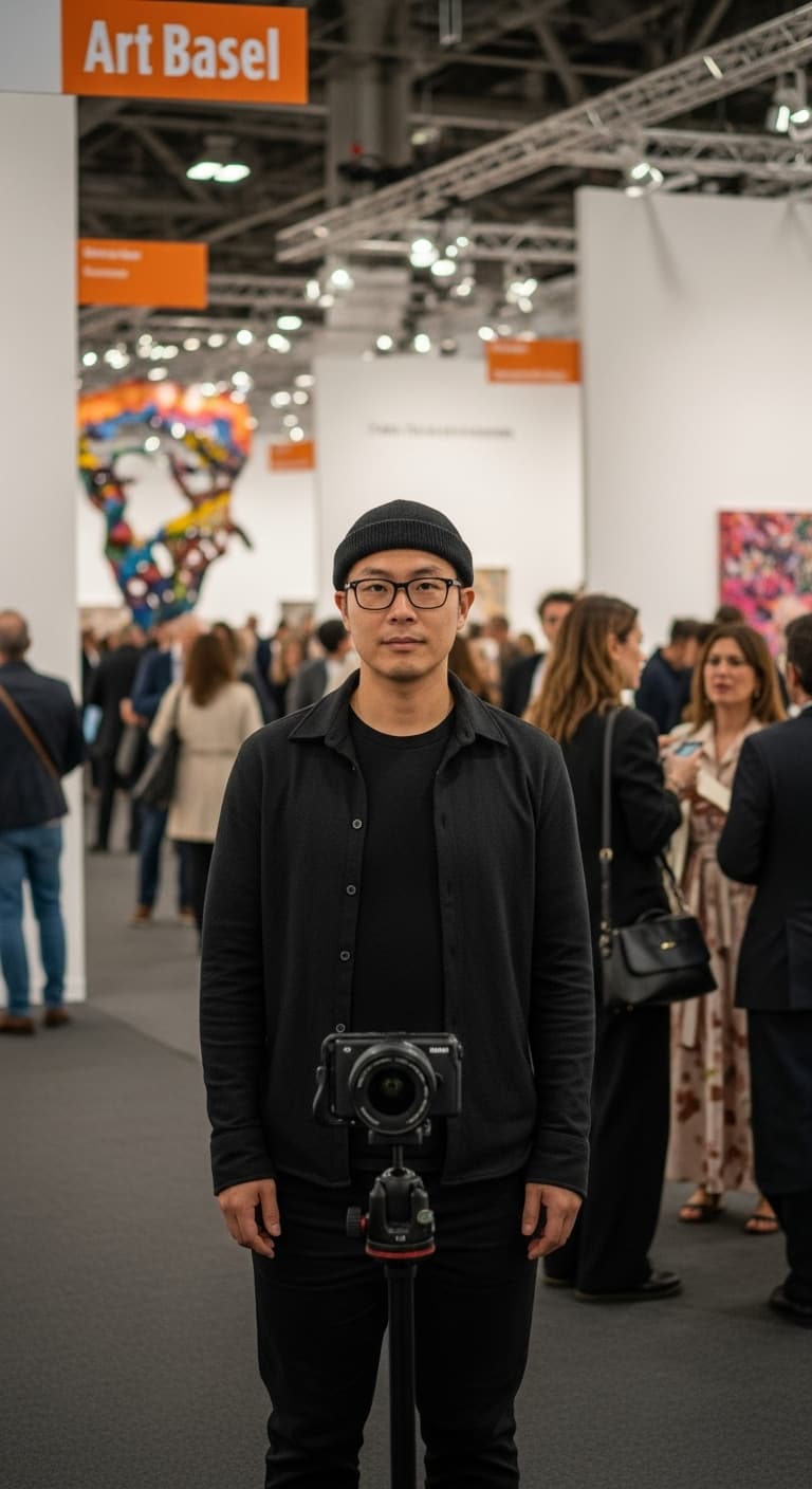 AI generated: A person standing in front of a vertical aspect ratio camera at art basel with a crowd behind them