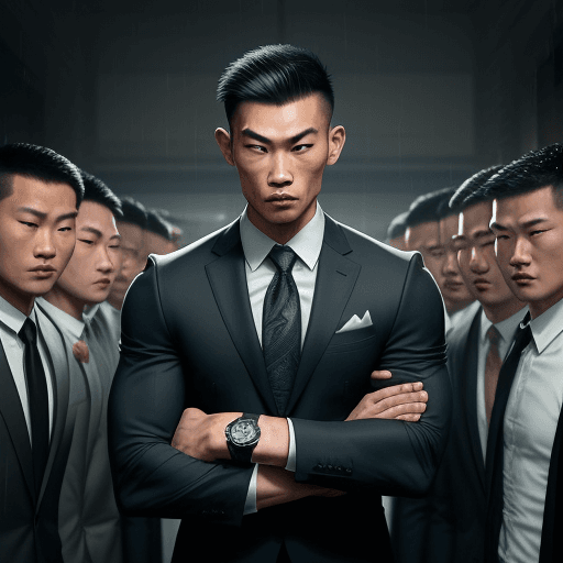 AI generated: Muscular man, Asian, with tattoos, tall, wearing a suit, with a serious expression, behind him are 2...