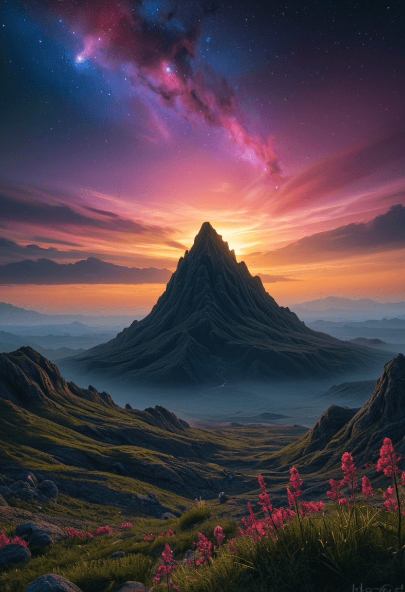 AI generated: Fantasy landscape,sunset,dynamic colors,bioluminescent alien plants,nebula,highres,realistic