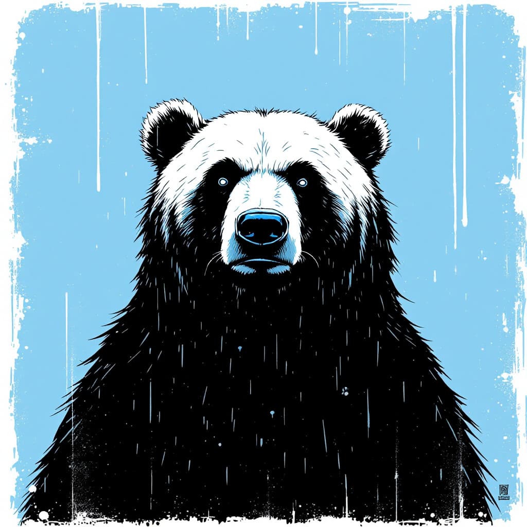AI generated: movie poster, bear character in black, white and blue, in the style of yoh nagao, light-focused