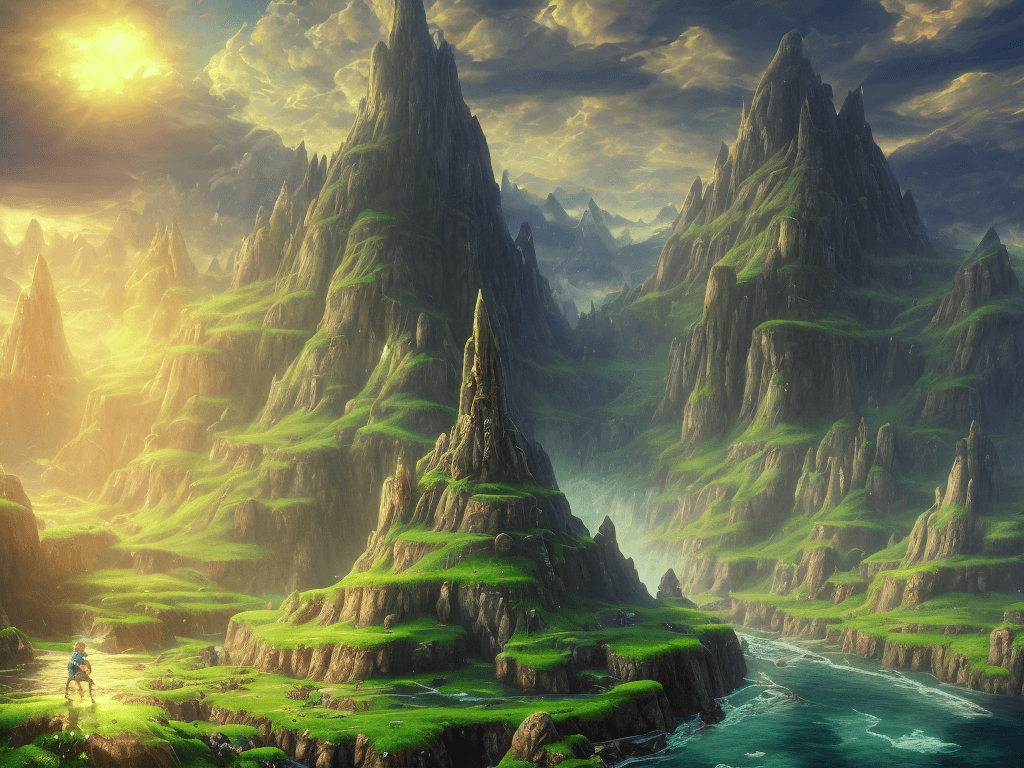 AI generated: The Legend of Zelda landscape atmospheric, sunlight falling on water, hyper realistic, 8k, epic comp...