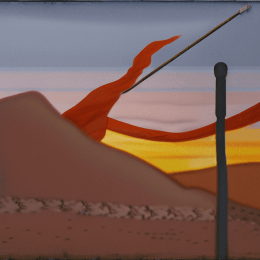AI generated: A tattered red flag on a pole stands prominently in a barren desert landscape, illuminated by the se...