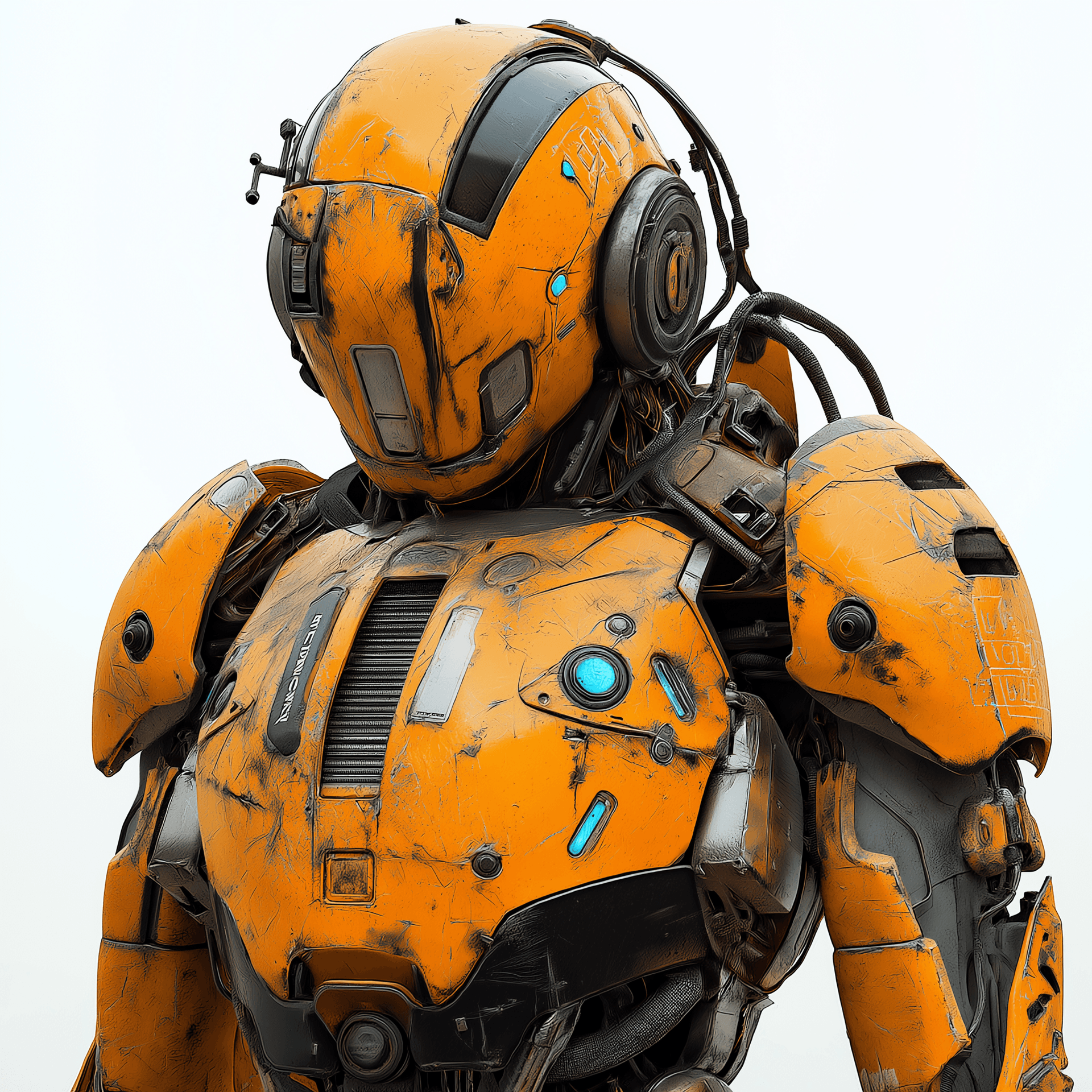 AI generated: Ultra Realistic, Urban Mecha, damaged orange amour, futuristic cyberpunk style and feel dark dystopi...