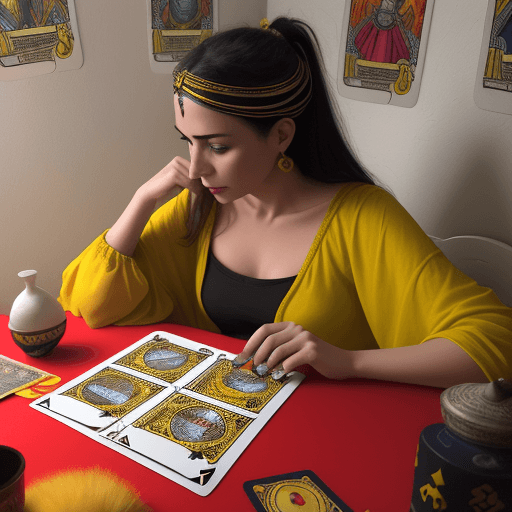 AI generated: una foto realista, de una chica de 20 años, usando un hottie amarillo, leyendo las cartas del tarot,...
