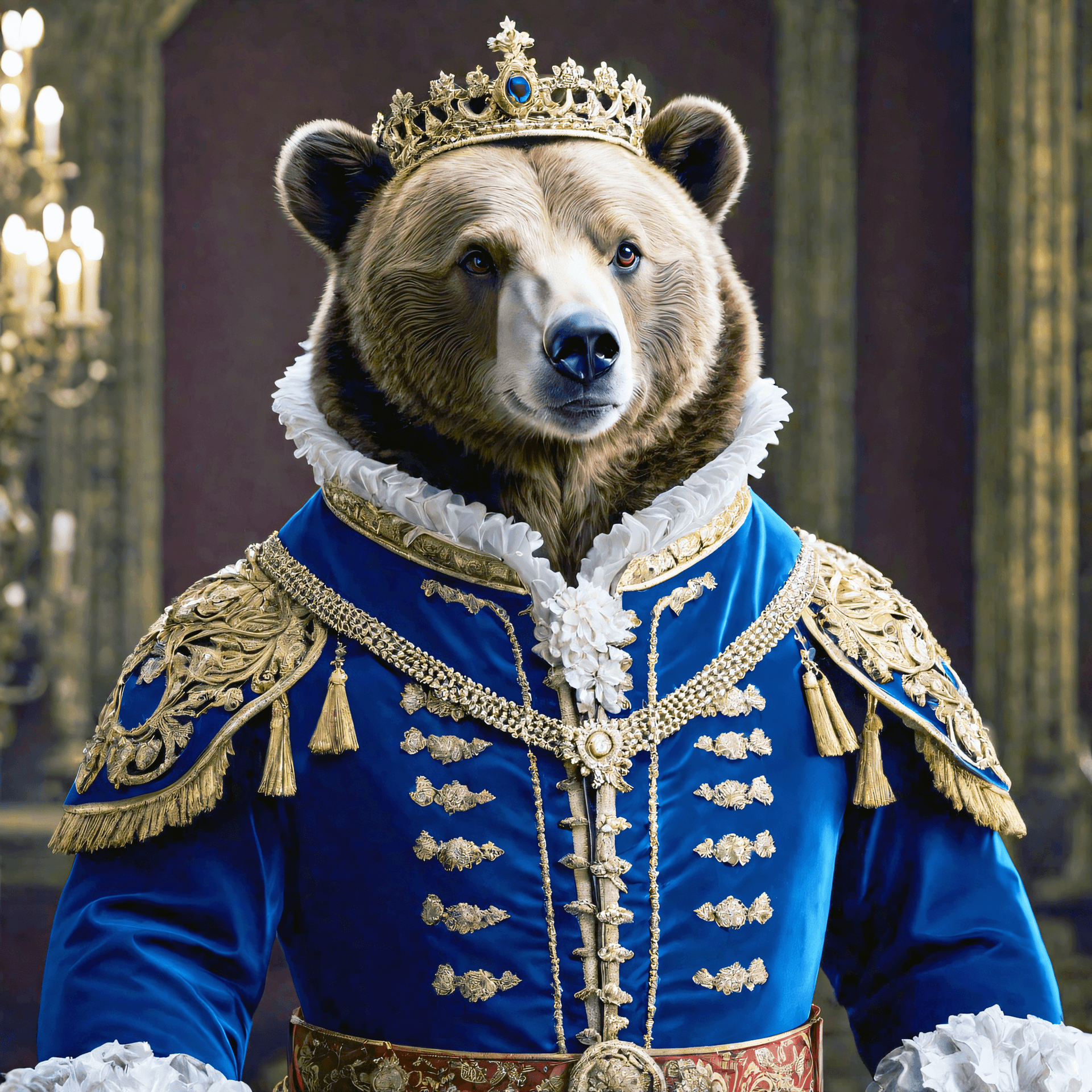 AI generated: Produce a visually stunning 4K scene featuring a bear adorned in extravagant Baroque fashion. Emphas...