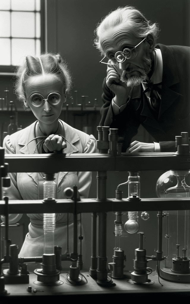 AI generated: This image should capture the intellectual partnership between Marie and Pierre Curie in their labor...
