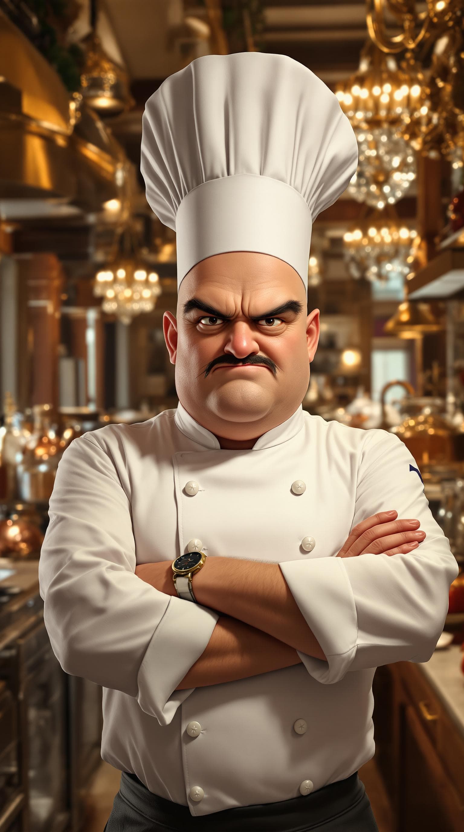 AI generated: A hyper-realistic portrait of a short, middle-aged French executive chef inspired by Chef Skinner fr...