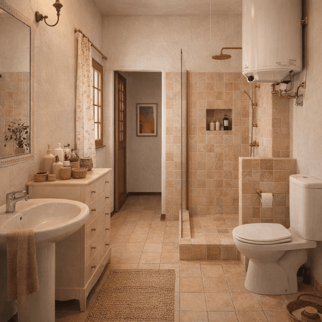 AI generated: Renovate this bathroom while keeping the original architecture and proportions. .Keep the exact prop...