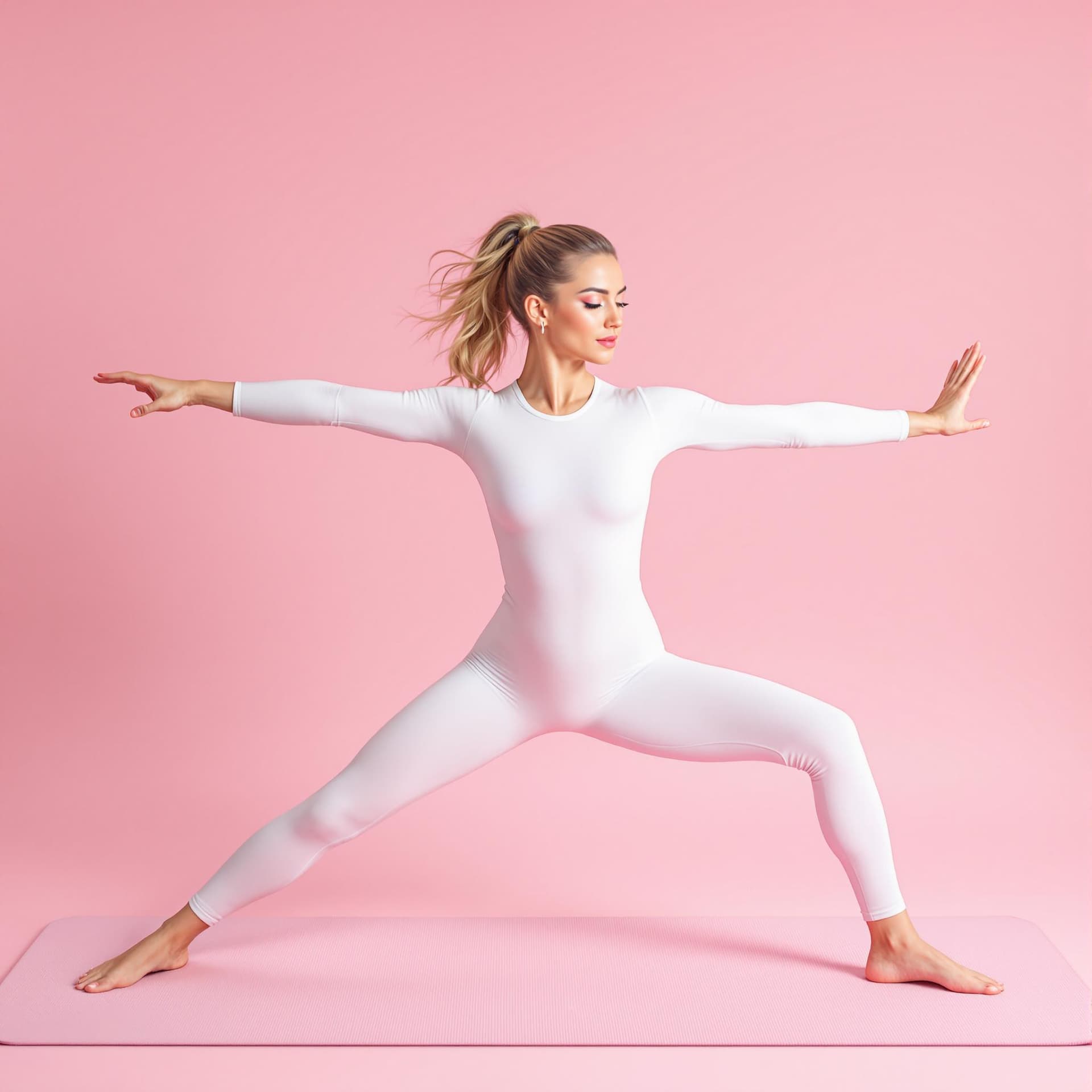 AI generated: a woman is on a light pink yoga mat. She is dressed in a white yoga bodysuit. She is in Warrior pose...