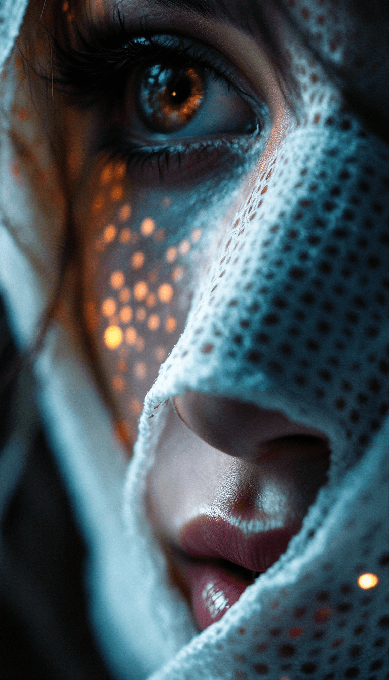 AI generated: close up macro shot, perforated holes in face, white cloth made from fiberoptic cables, depth of fie...