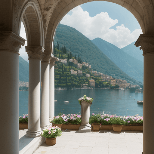 AI generated: A view of Lake Como from an old Italian villa with columns and arches, flowers in white on each side...