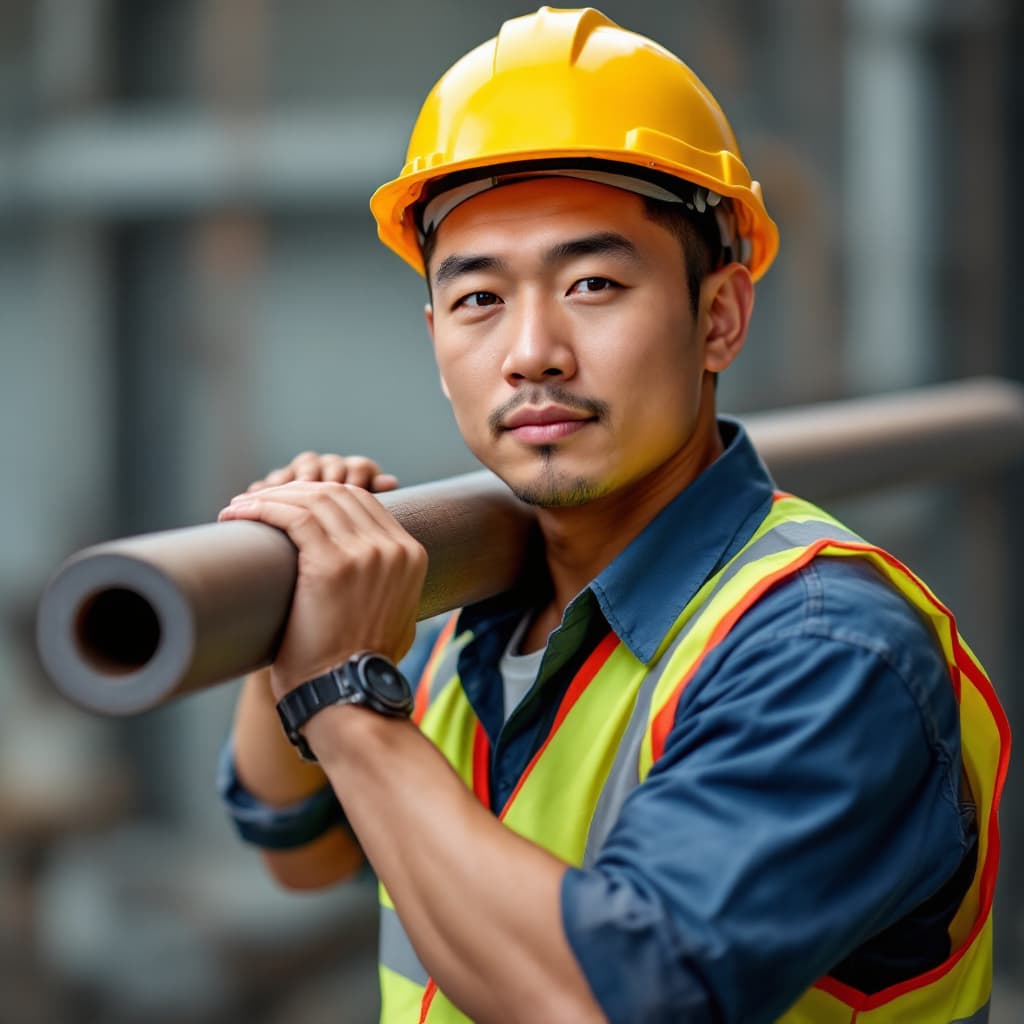 AI generated: A realistic image of an Asian construction worker wearing a work helmet and a reflective vest. He is...