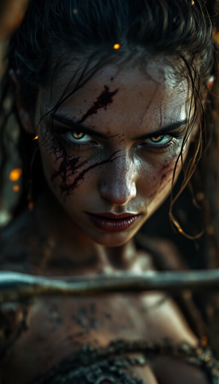 AI generated: high-resolution photograph, woman, ugly scar in the face, exposed body,  dramatic scene of old war, ...