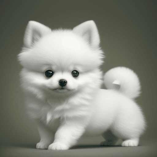 AI generated: photography, baby of a white pomeranian dog, front view, depth to the composition, richly textured a...