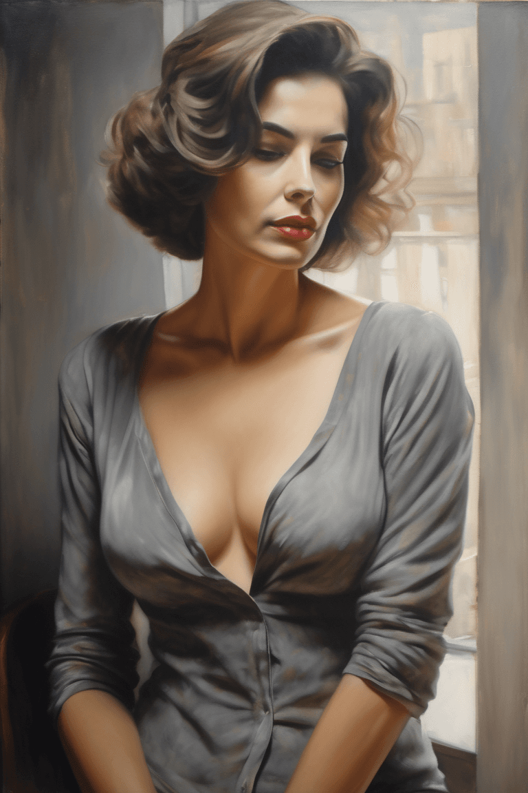 AI generated: an gray oil painting of a C-cup size French woman, wearing a vintage deep neck shirt, cleavage cutou...