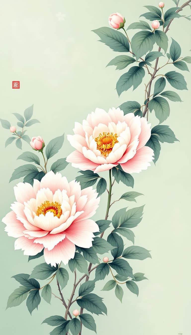 AI generated: Beautiful Chinese peonies decorate the soft light green canvas