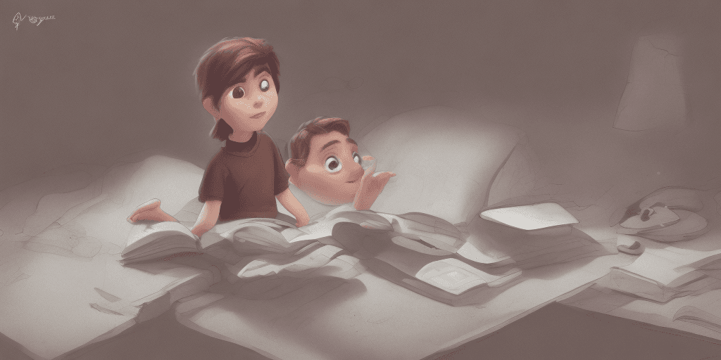 AI generated: a young boy and brown hair is sitting on his desk working on a new spell allone , warm , a, medium s...