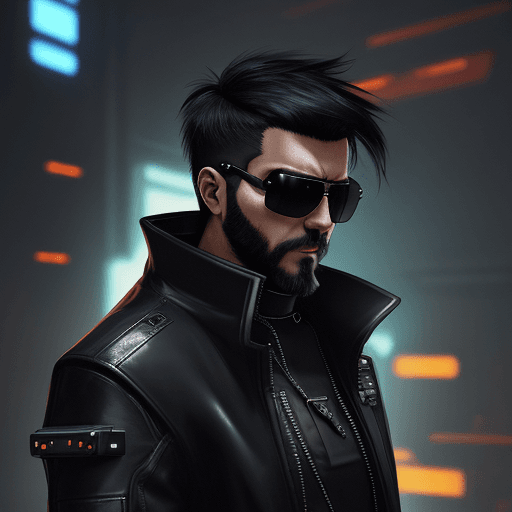 AI generated: cyberpunk priest with cyberware and aviator sunglasses. wear leather coat. short black hair and shor...