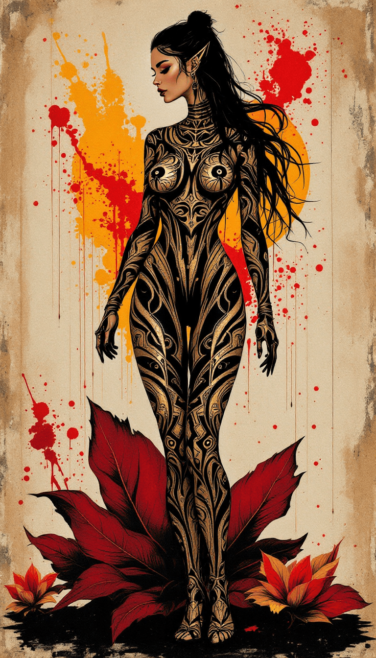 AI generated: A tribal drawing of a lady standing confidently on a deep red, velvety leaf, styled with a mix of de...