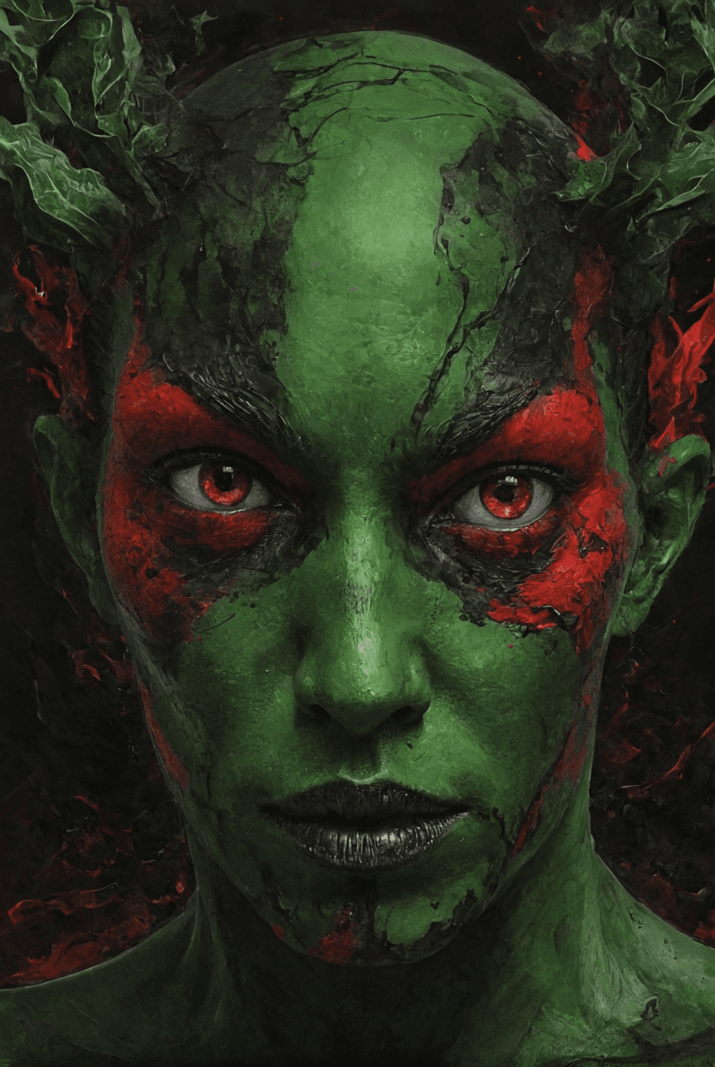 AI generated: Demon, Digital painting, Contemporary, Primarily greens and blacks with accents of white and red.