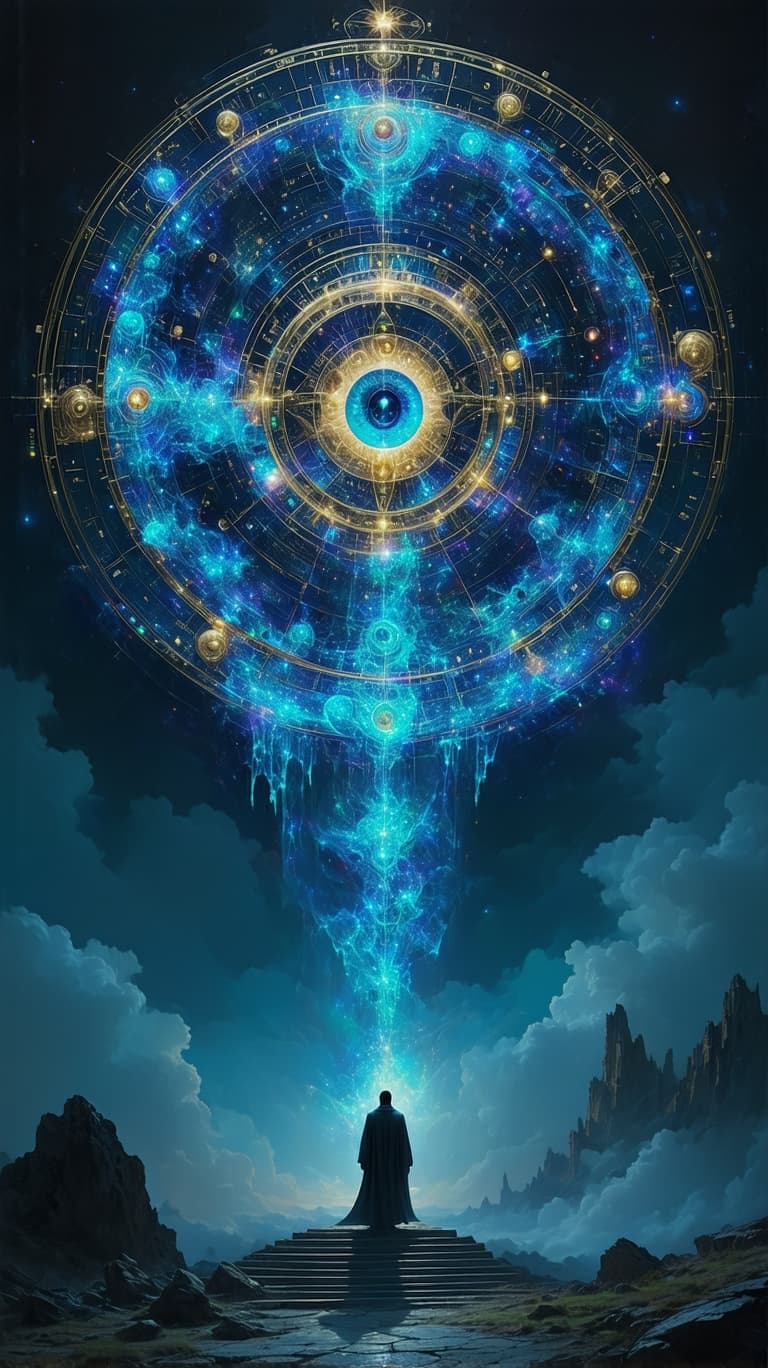AI generated: 10. The Wheel of Fortune – The Cosmic Cycle

A massive celestial wheel, inscribed with shifting gold...