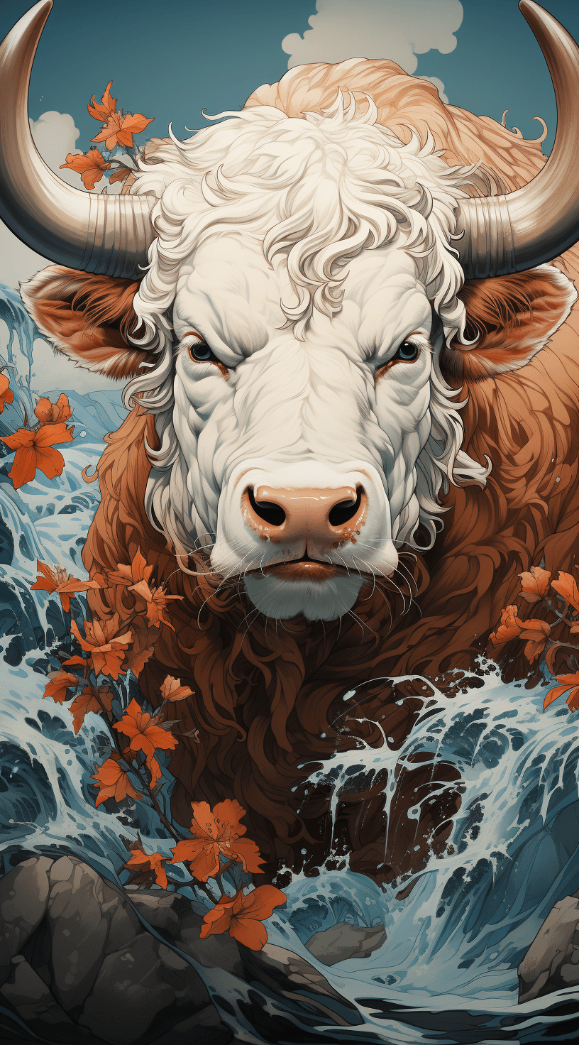 AI generated: a cattle in the waves art print, in the style of kōji morimoto, neo-traditional japanese, john blanc...