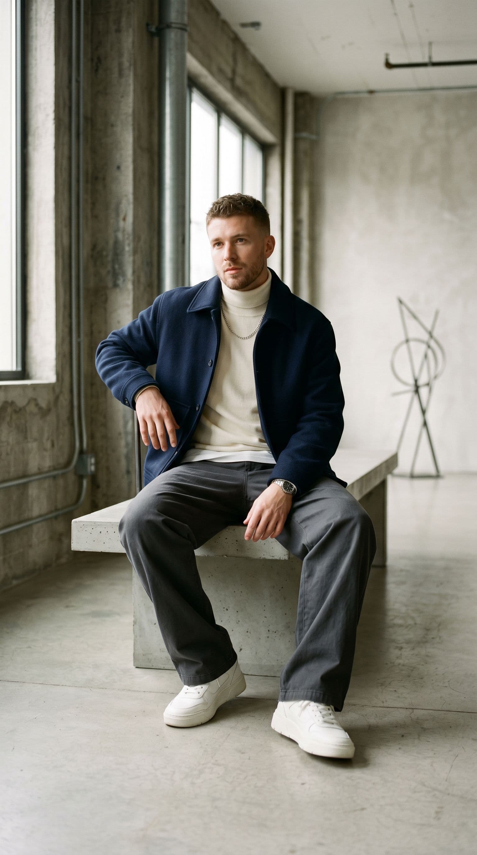 AI generated: Create a high-end fashion image of a male model wearing relaxed luxury streetwear with wide-leg trou...