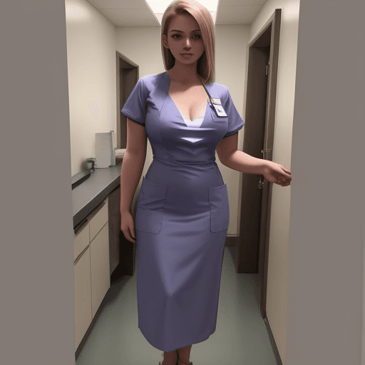 AI generated: Full body shot of a 21 year old beautiful woman wearing a low cut nurse uniform