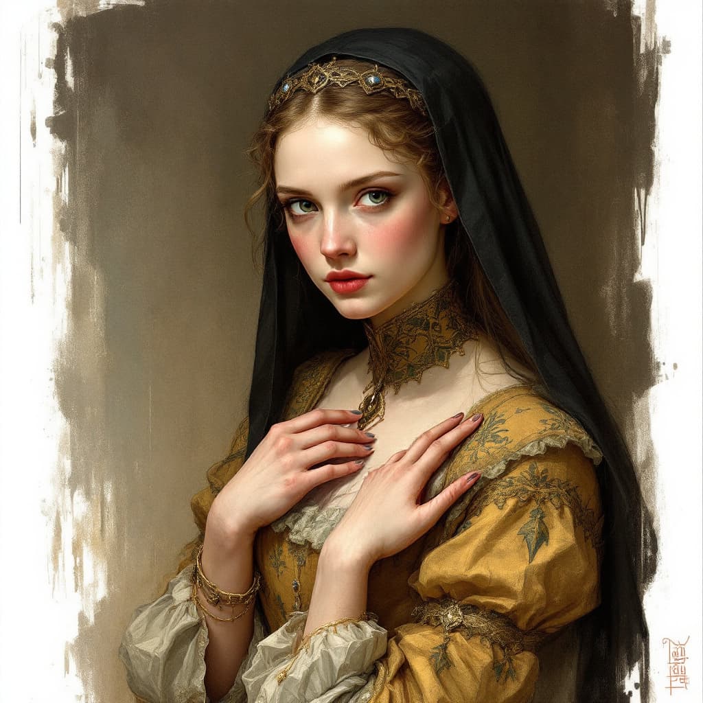AI generated: imagine prompt: medieval handmaiden, portrait, art style by Mary Beale, -v 6.1 --stylize 700 --aspec...
