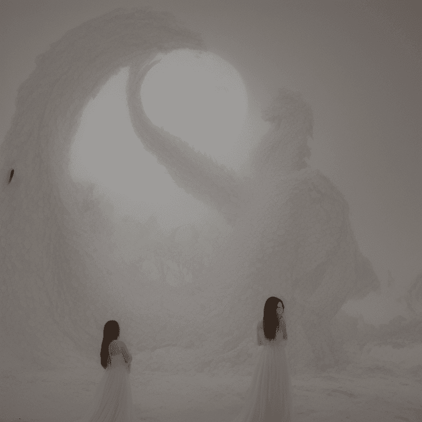 AI generated: The image depicts a woman in a white dress standing in front of a large dragon, with a full moon in ...