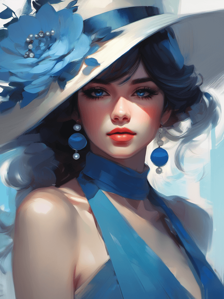 AI generated: digital portrait of a beautiful young lady with blue eyes, wearing a blue hat and dress, long brown ...