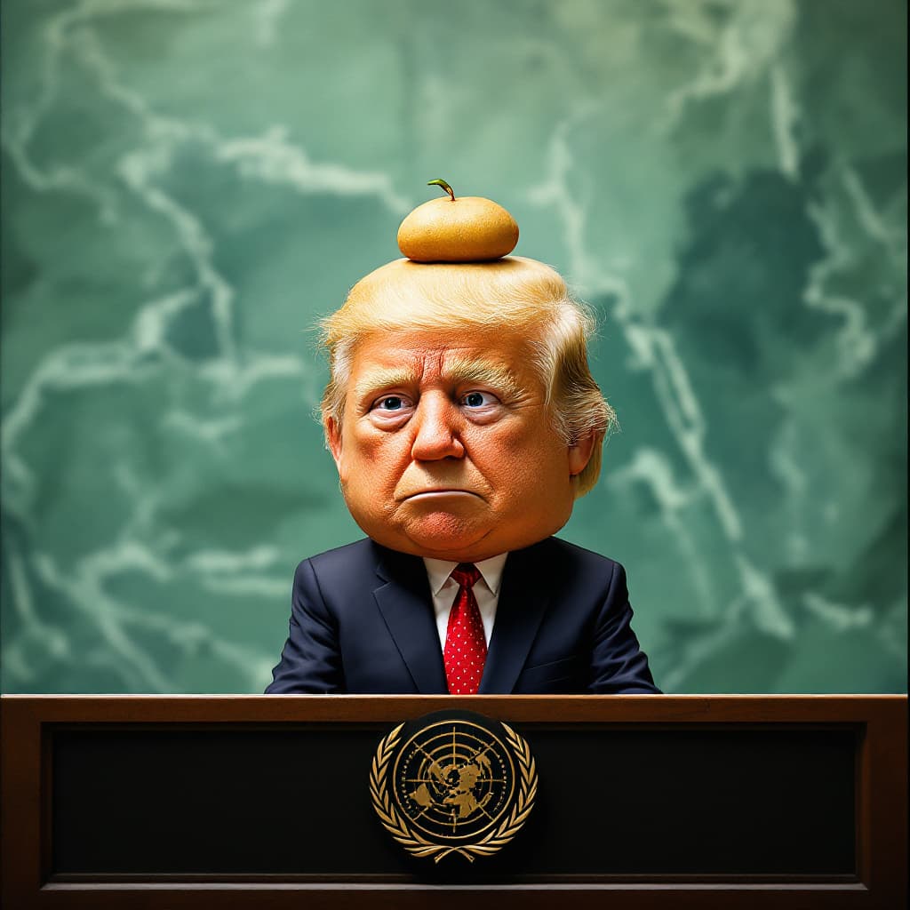 AI generated: The US president with a small potato on his head at the United Nations.
