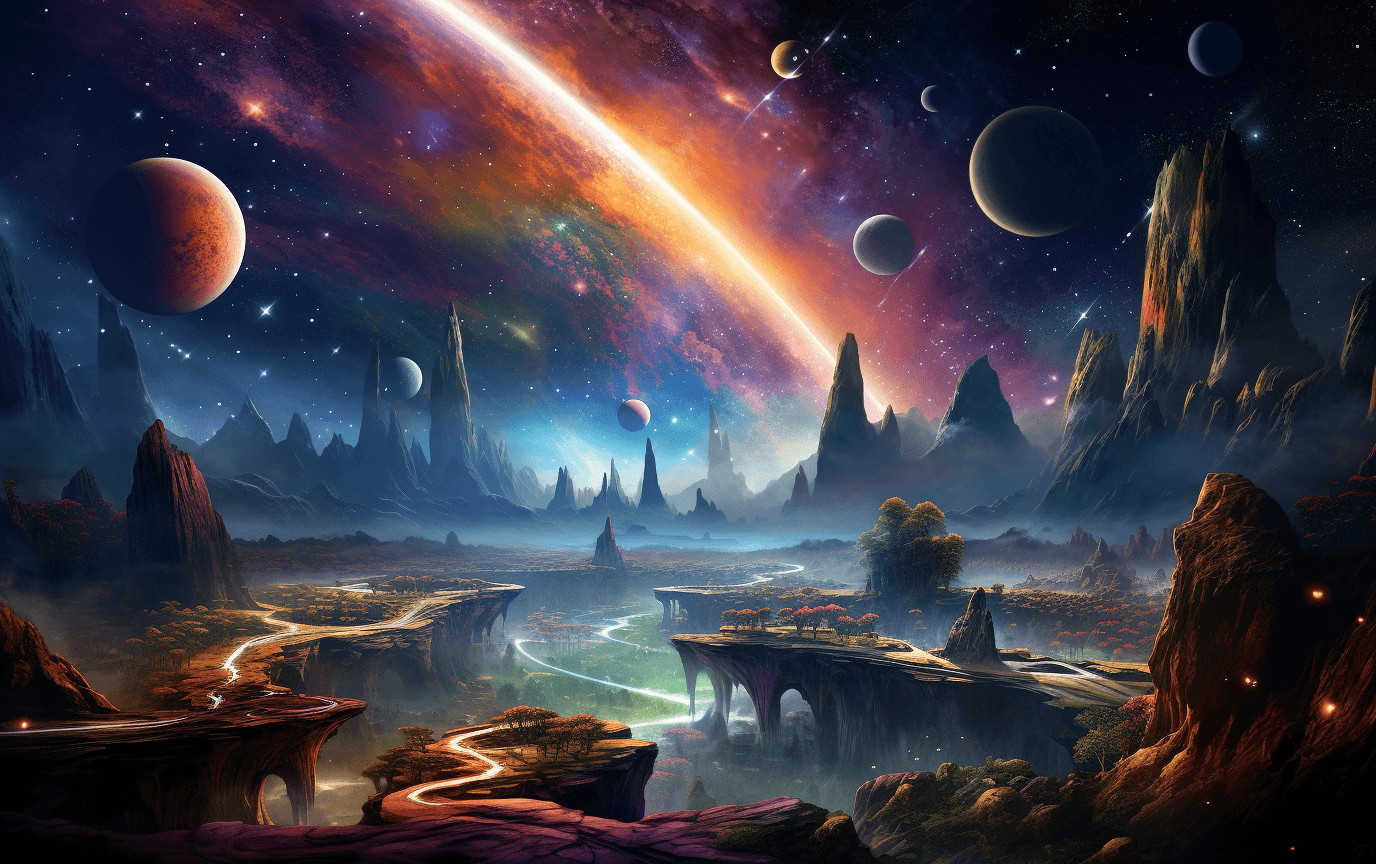 AI generated: the space scene with planets and stars, in the style of ethereal escapism, richly colored skies, vib...