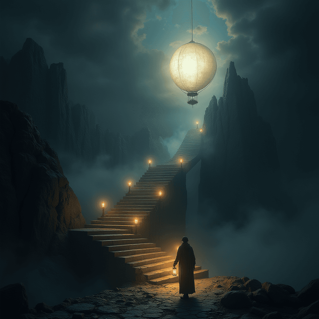AI generated: led zeppelin stairway to heaven scene, lantern man figure standing at bottom of stairway, atmospheri...