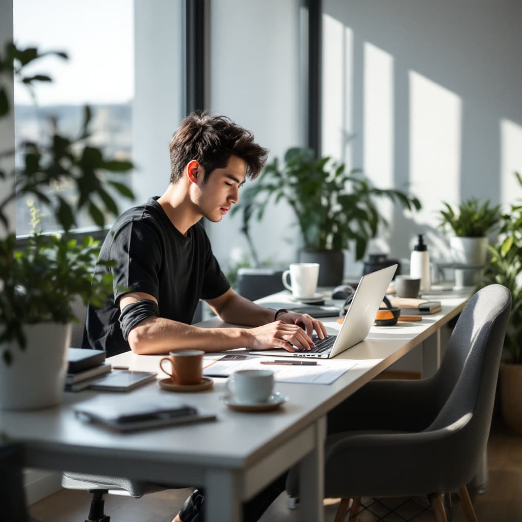 AI generated: modern, minimalist workspace, focused designer korea hansome young man at a white desk, surrounded b...