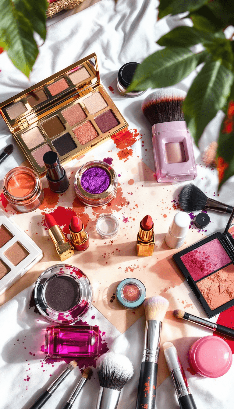 AI generated: a table with makeup products like brushes, eyeshadow, lipstick, and more --ar 2:3 --v 6.0
