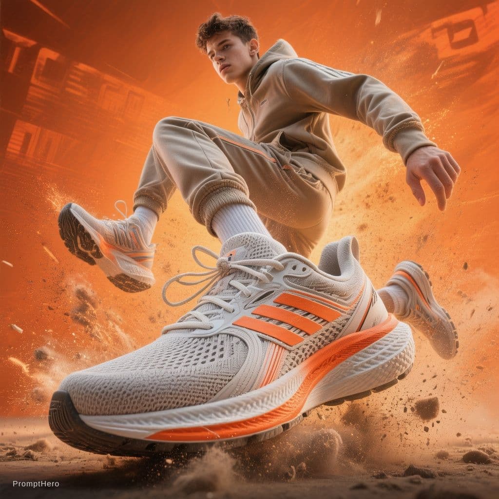 AI generated: A dynamic sportswear advertisement featuring a young athletic male model captured mid-air in an expl...
