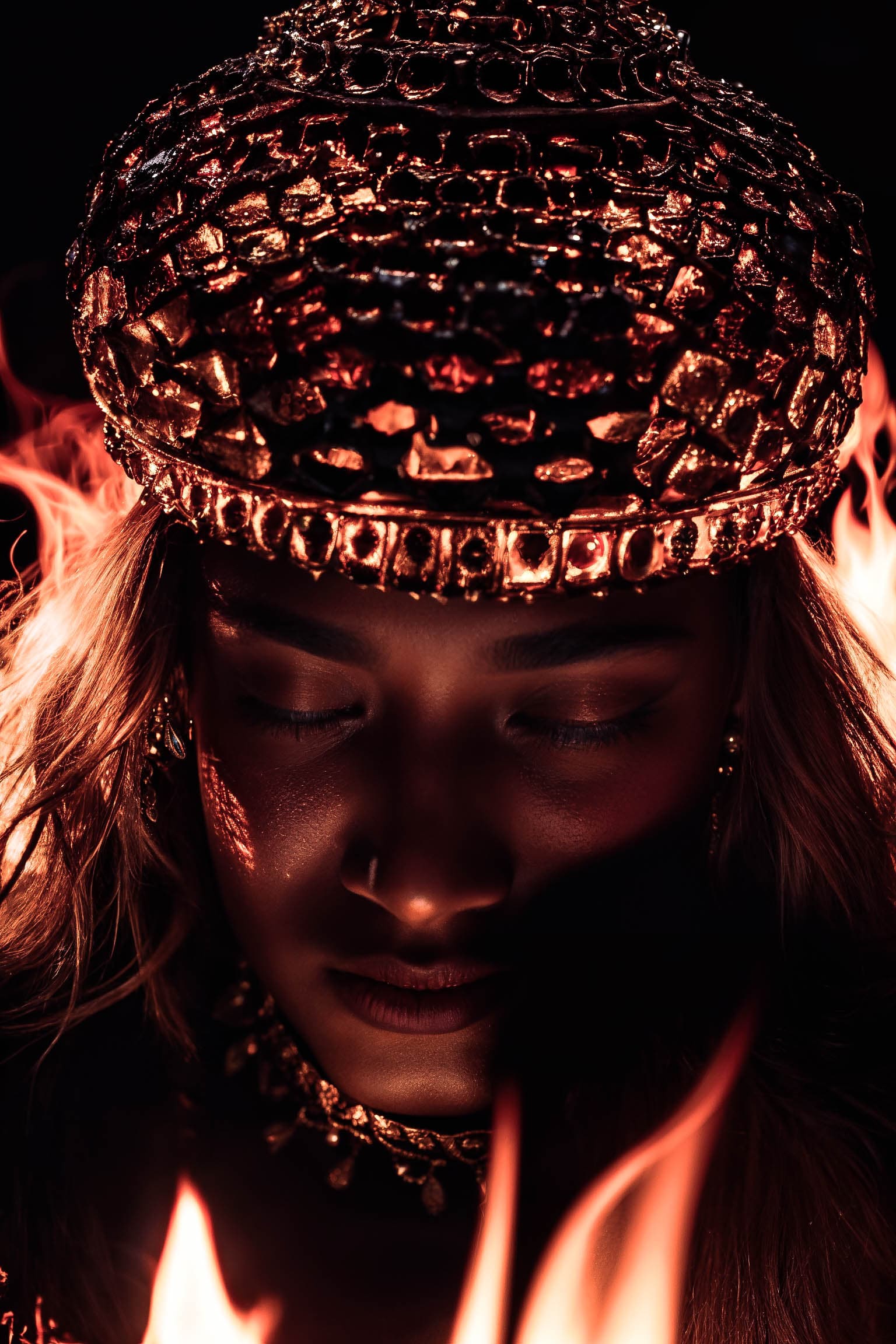 AI generated: queen of fire character, photorealistic, epic, dramatic lighting