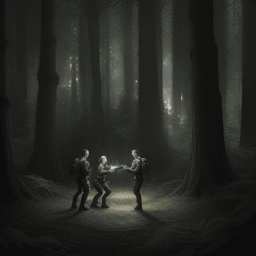 AI generated: people playing laser tag in the woods, realistic photography, symmetrical, precise, art style, super...