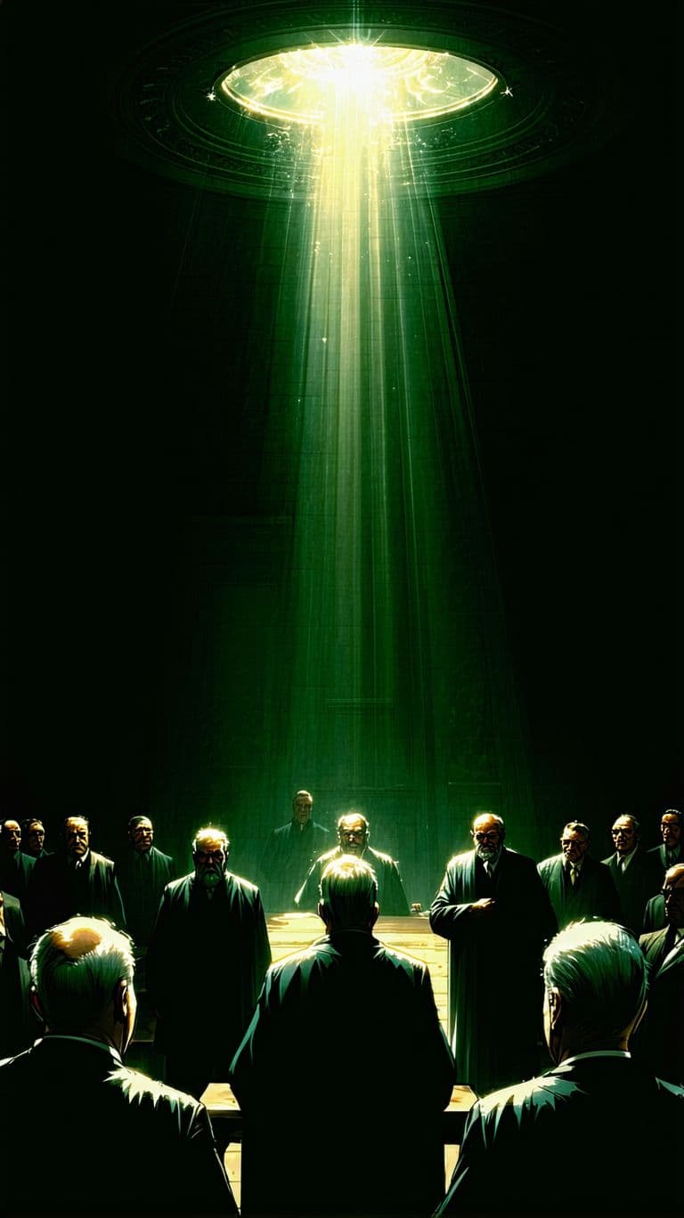 AI generated: A dark room where corrupt leaders are secretly plotting, their faces showing cunning and deception. ...