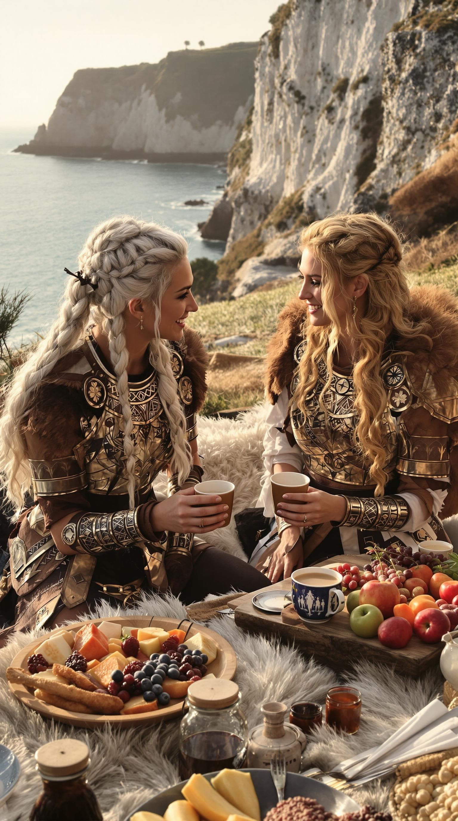 AI generated: Viking shield maidens at sunrise breakfast, one with silver-blonde braids one with golden waves, wea...