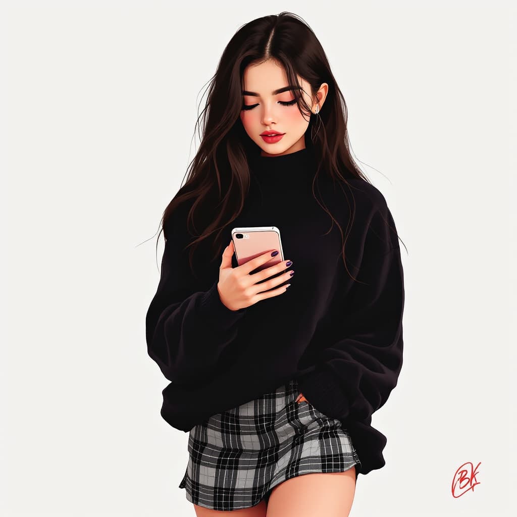 AI generated: Sweet girl holding a smartphone wearing a dark sweater and checkered mini skirt, with long dark brow...