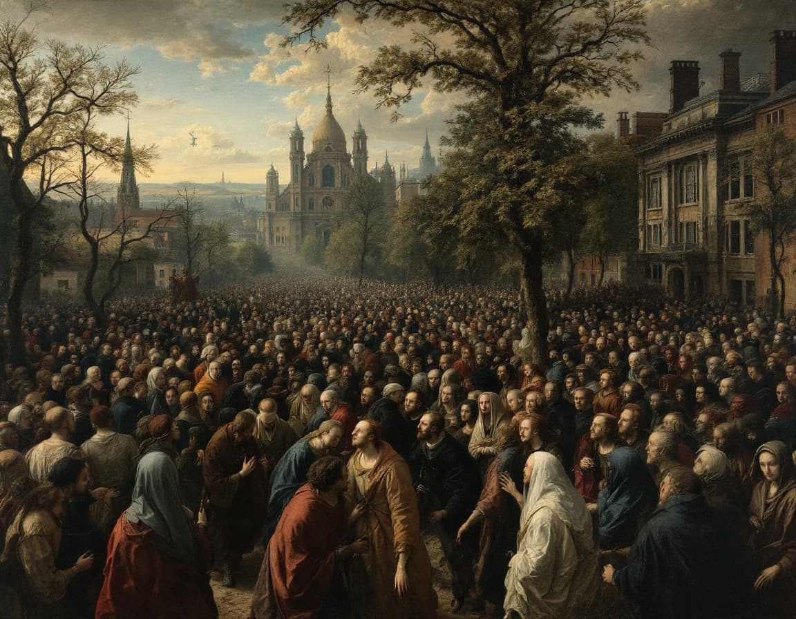 AI generated:  dystopian scene, oil painting, surrealism, detailed,  crowd, marching, trees, buildings, sky, cloud...